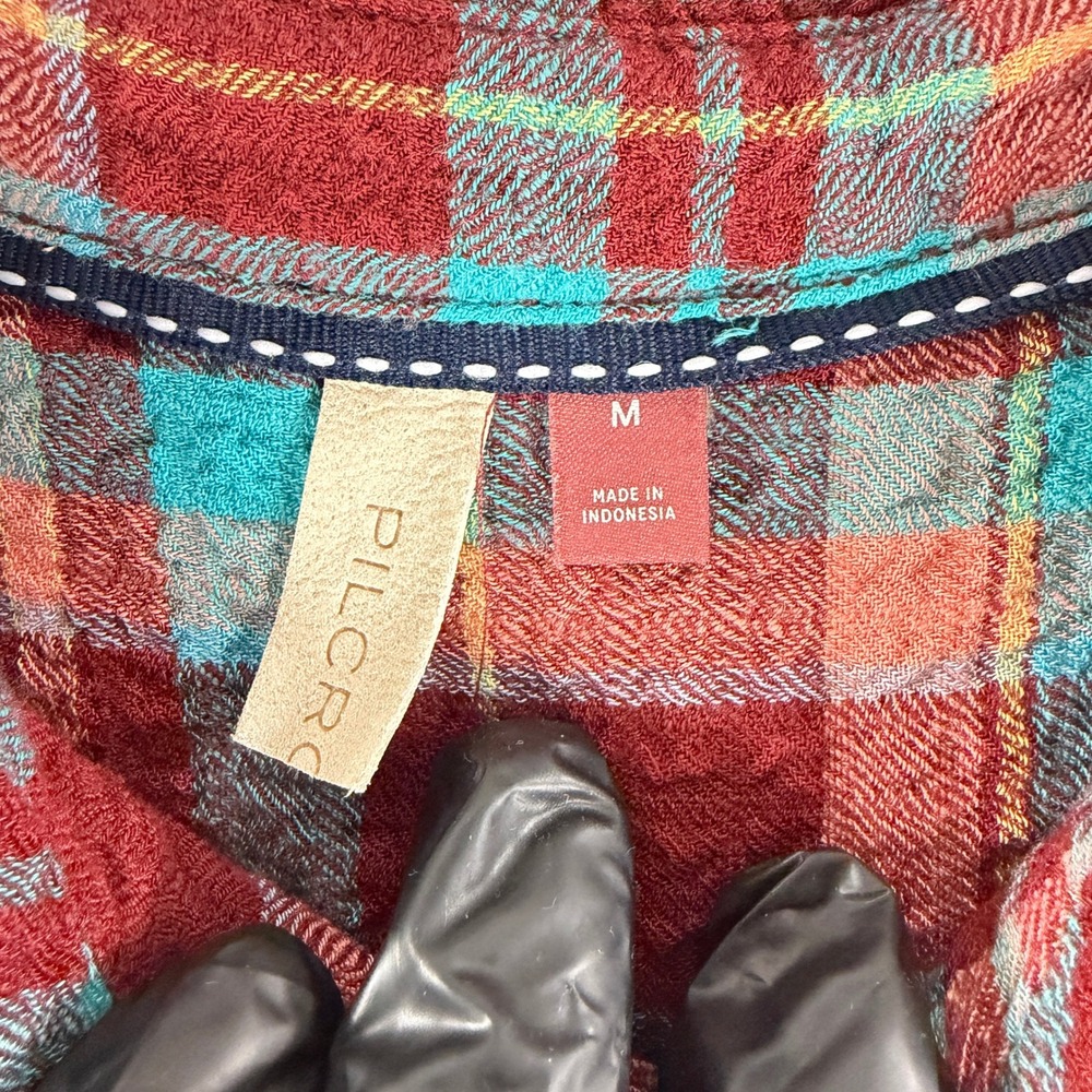 Pilcro Shirt Dress Women Medium Red Turquoise Plaid Crinkle Midi Tunic OB1609132 - Picture 7 of 14